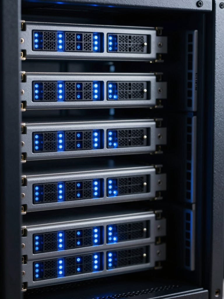 Clinical technical photography, macro shot of server rack hardware with cold blue LED status lights, high contrast, deep shadows, 85mm lens