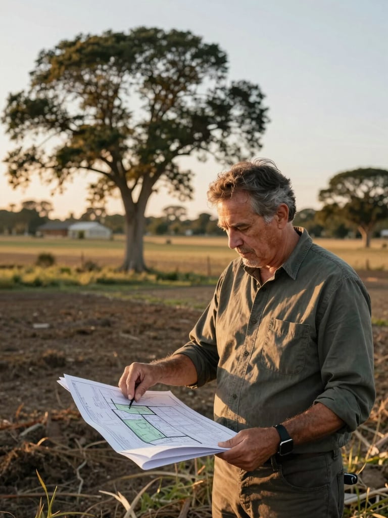 Environmental portrait of a community leader reviewing site plans outdoors at the edge of a conservation land parcel, golden hour light from the left, mature trees and open land behind, unhurried documentary framing, no posed expression