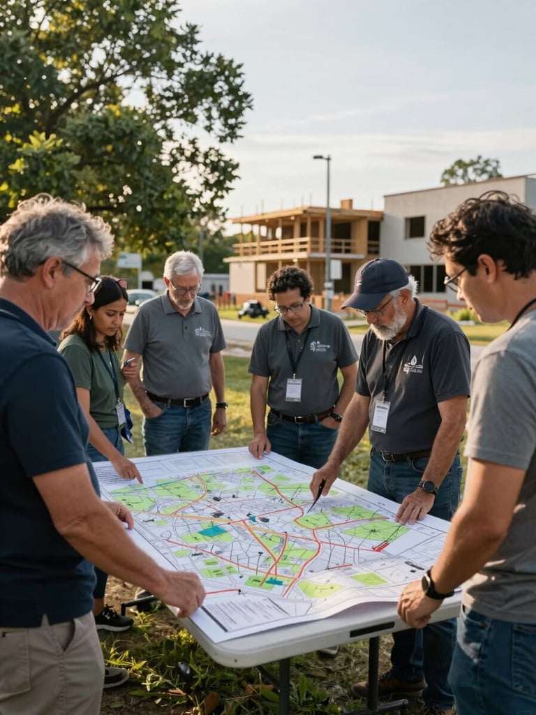 Environmental wide shot of a neighborhood planning session, community leaders gathered around a large site map spread on a folding table outdoors, late afternoon light, trees and a partially constructed building visible behind them, no posed expressions