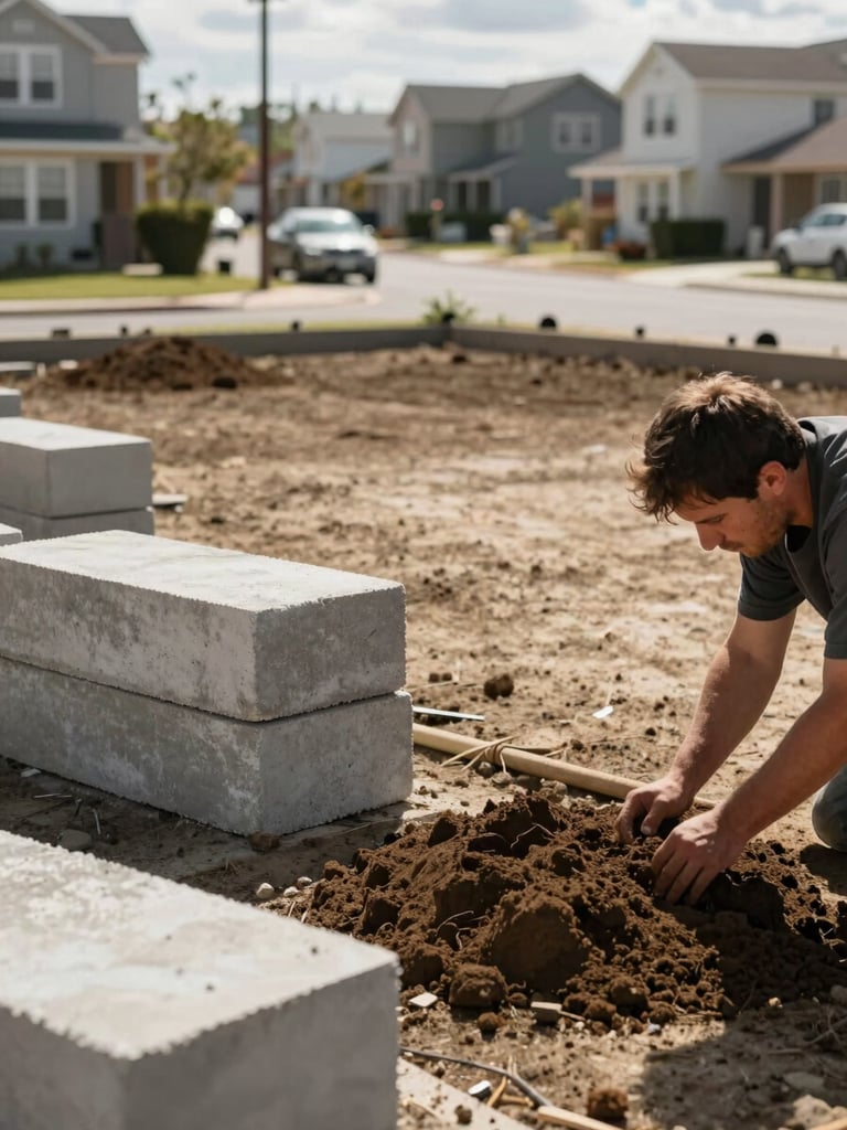 Close environmental wide shot of a vacant lot being prepared for a community housing foundation—workers' hands tamping soil near stacked concrete blocks, a modest residential street visible in the soft background, natural daylight, documentary framing
