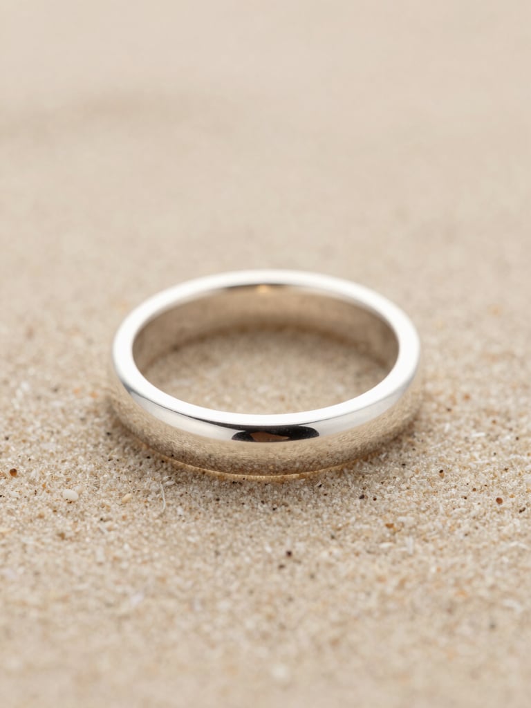 Extreme macro shot of a raw, hand-polished silver ring, architectural lines, soft diffused natural daylight, warm sand background