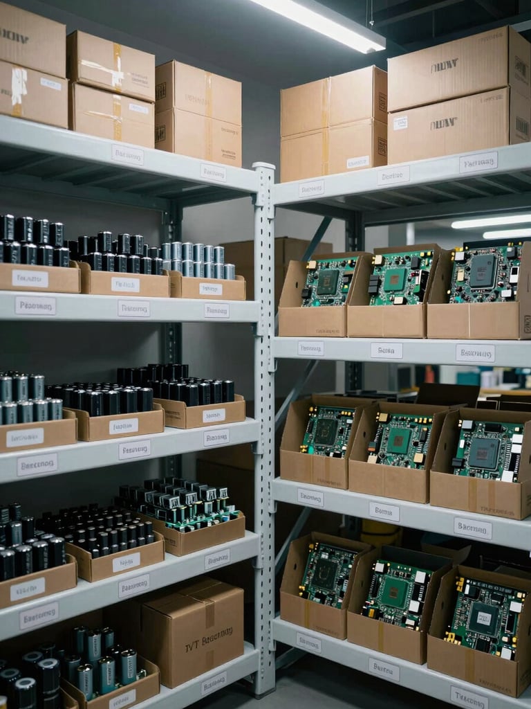 Wide shot of organized workshop shelving holding labeled boxes of genuine TV spare parts — capacitors, T-con boards, backlights — under cool LED strip lighting, no people, industrial precision