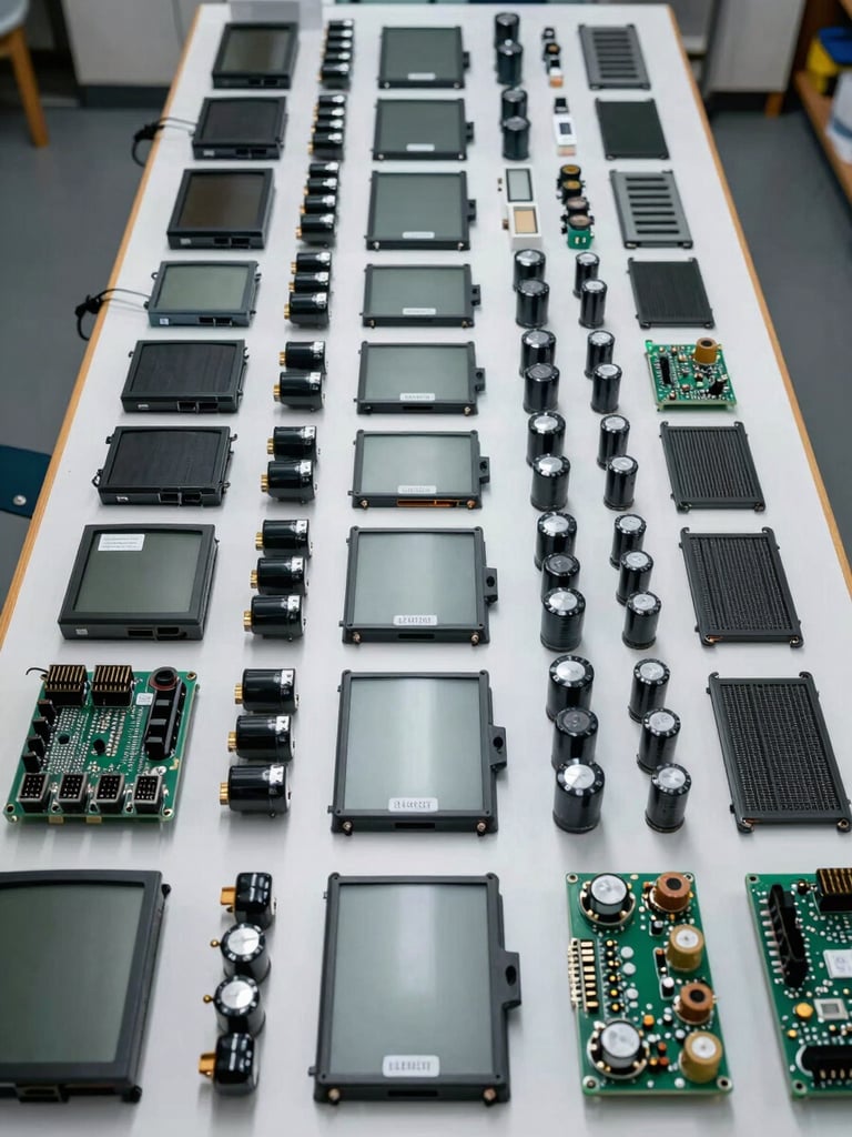Wide workshop bench shot from above, organized rows of genuine TV spare parts — capacitors, panels, connector boards — laid out under bright cool LED lighting, each component clearly labeled, no hands in frame, technical precision implied by the arrangement