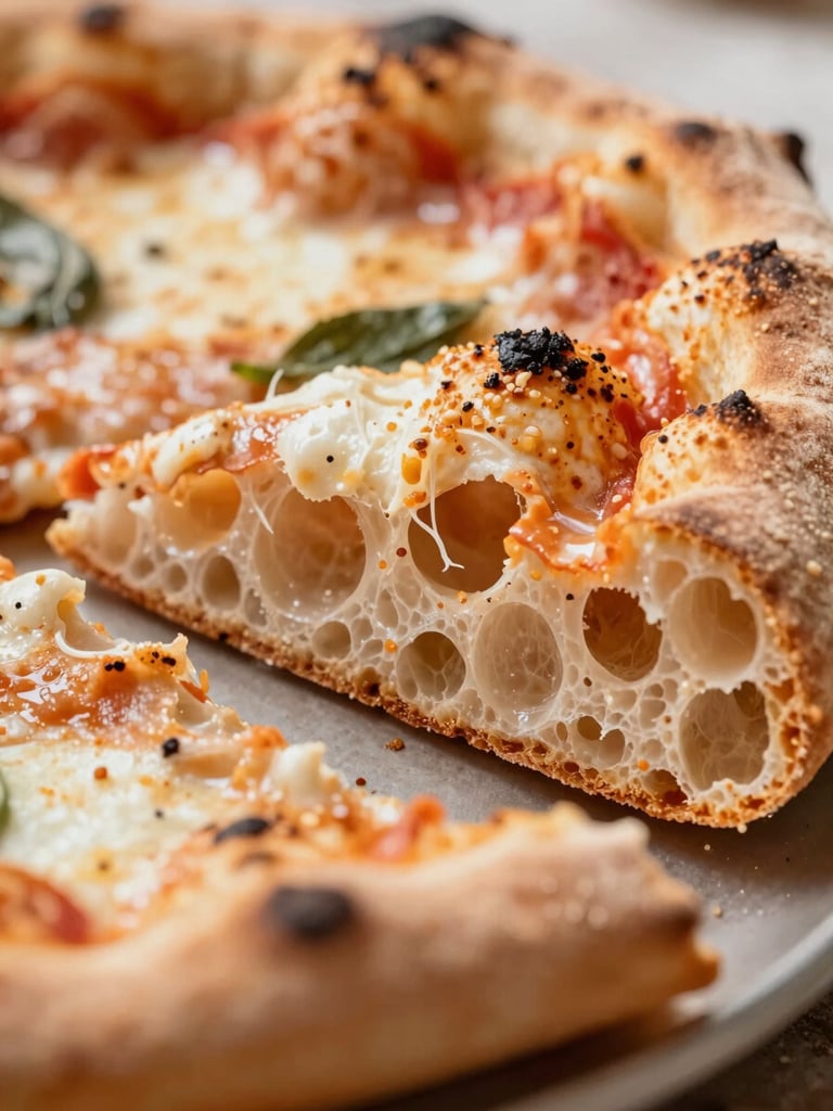 Extreme close-up cross-section of Neapolitan pizza crust showing airy crumb structure, north-facing daylight, tight macro crop, no people, no hands, no filters