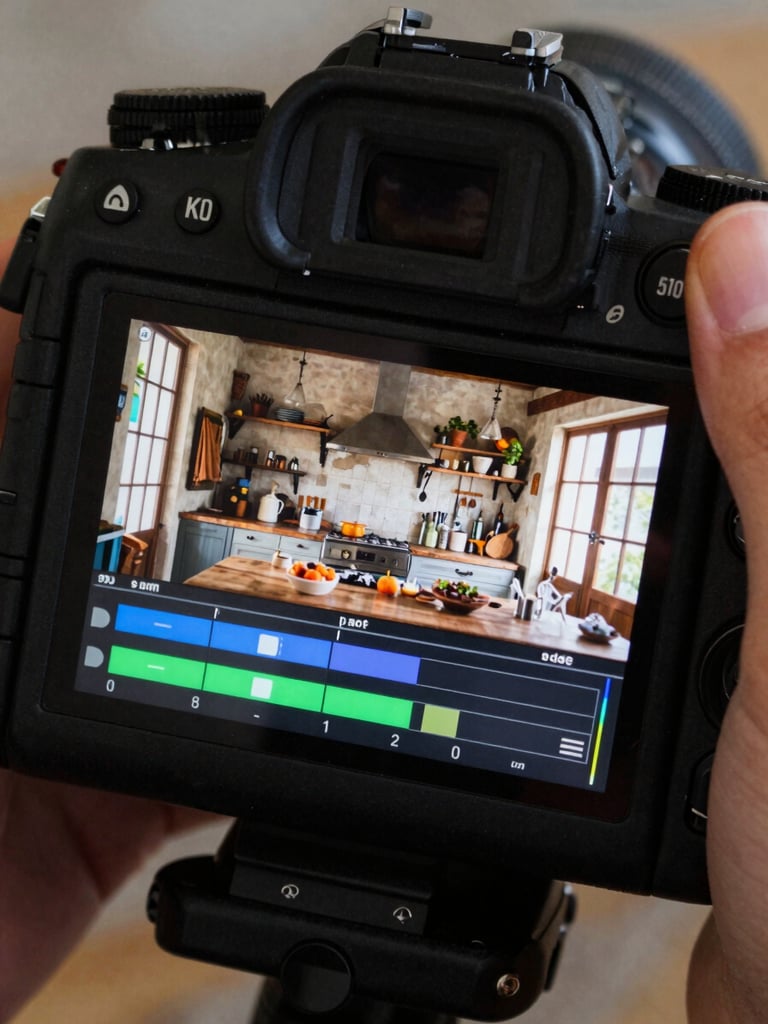 An over-the-shoulder shot of a digital camera screen displaying a color-grading timeline of a rustic kitchen scene