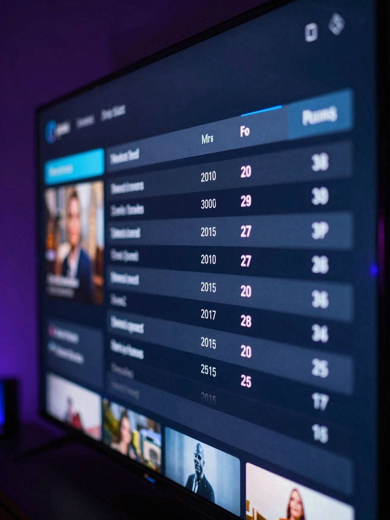 Tight macro shot of a sleek streaming interface showing a dark, neon-lit TV guide with schedules, shallow depth of field, 35mm