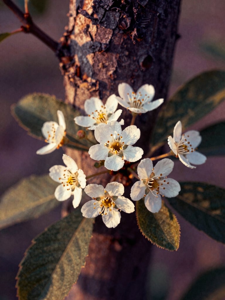 Close-up of delicate white jabuticaba blossoms blooming directly on the dark tree trunk, soft golden-hour light filtering through leaves, warm editorial style, 35mm