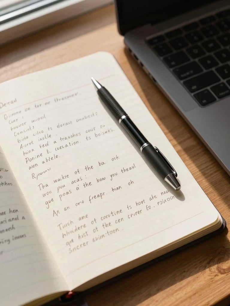 Close overhead view of an organized desk in natural daylight — open notebook with handwritten notes, a mechanical pencil resting on the page, corner of a laptop visible, warm light from a side window casting soft shadows across the paper