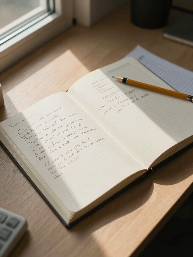 Wide environmental shot of an organized work desk from above, open notebook with handwritten notes, pencil resting on graph paper, warm natural window light raking across the surface from the left, muted warm tones