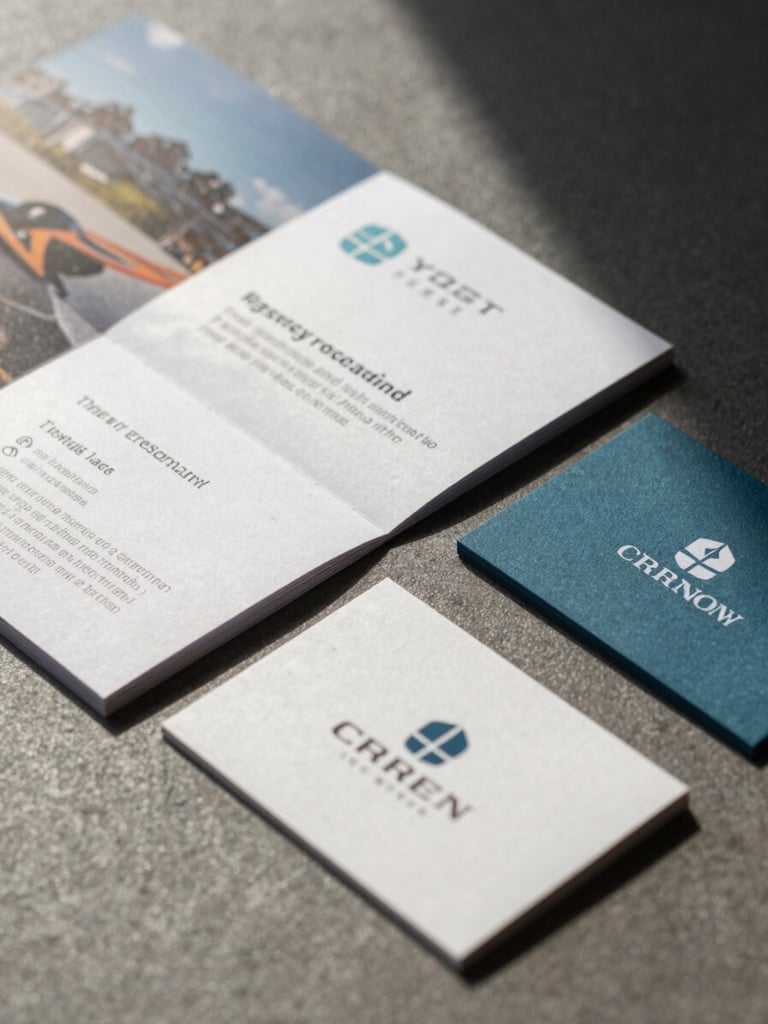 Close-up of finished brand identity materials — folded brochure and business card arranged on a textured surface, natural side light, sharp focus on printed details