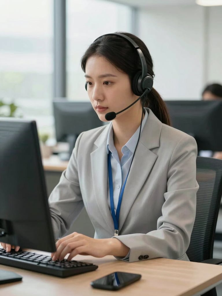 Medium shot of a focused professional agent in a clean, modern workspace using high-quality headsets, bright natural office daylight.