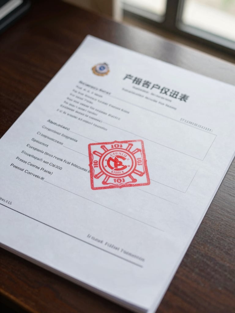 Close-up overhead flat-lay of official fire department inspection report with a red institutional stamp and handwritten annotations, natural office window light, no people, document edges visible on a dark desk surface
