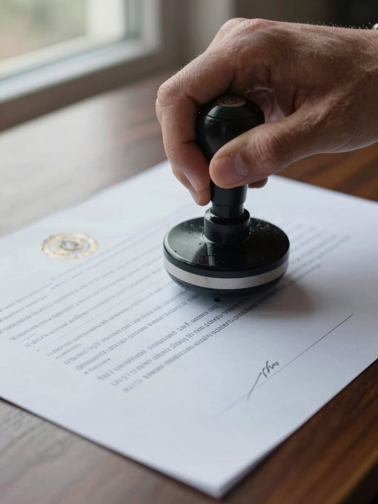 Hands pressing an official government seal stamp onto a certification document, close-up framing showing ink detail and paper texture, overcast natural daylight from a side window, dark wood desk surface visible at edges