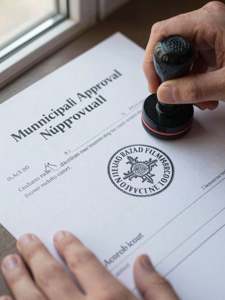 Extreme close-up overhead flat-lay of a stamped municipal approval document, official circular ink seal pressed onto paper, hands resting at edge of frame, natural window light from left, crisp detail on stamp text and signature lines