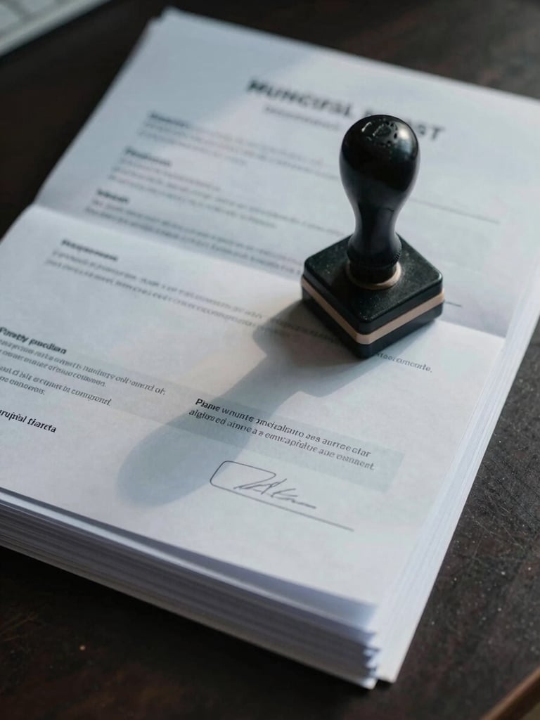 Extreme close-up overhead flat-lay of stacked official municipal permit folders with visible index tabs and a rubber stamp resting on top, natural window light casting soft shadows across the documents, cool-toned paper surfaces on a dark desk