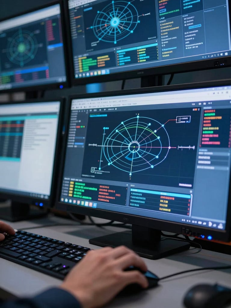 Close-up of a security operations console showing network topology and alert feeds, cool blue ambient light from multiple screens, analyst's hand on a mouse, forensic detail on screen