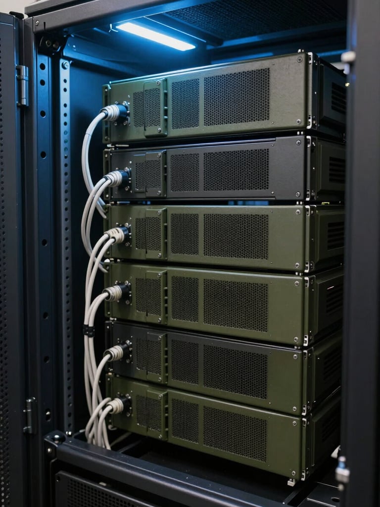 Close-up of rack-mounted military-grade servers inside a secure data centre, cold blue overhead lighting, cable management in sharp focus, no people visible