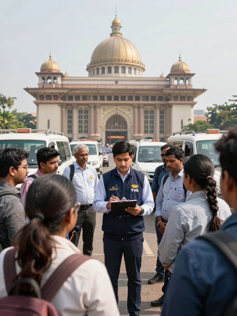 Ground-level perspective of an international tour group arriving at a Bangalore landmark — a TVA guide in a branded jacket consulting a clipboard with group members in the foreground, vehicles visible in the background, bright natural daylight, operational rather than posed