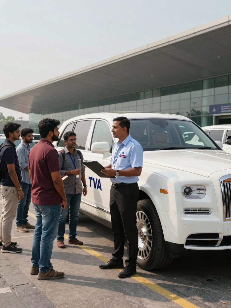Ground-level wide shot of a TVA coordinator standing beside a white luxury coach at a Bangalore airport drop-off zone in clear morning daylight — clipboard in hand, speaking with a small group of international travelers, airport terminal facade visible in the background, fleet livery partially visible on the vehicle door