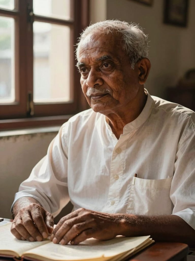 Close-up portrait of a Bengali poet or musician seated near a window, warm afternoon light falling across their face and hands resting on a manuscript, documentary framing, natural daylight, Kolkata interior background softly out of focus