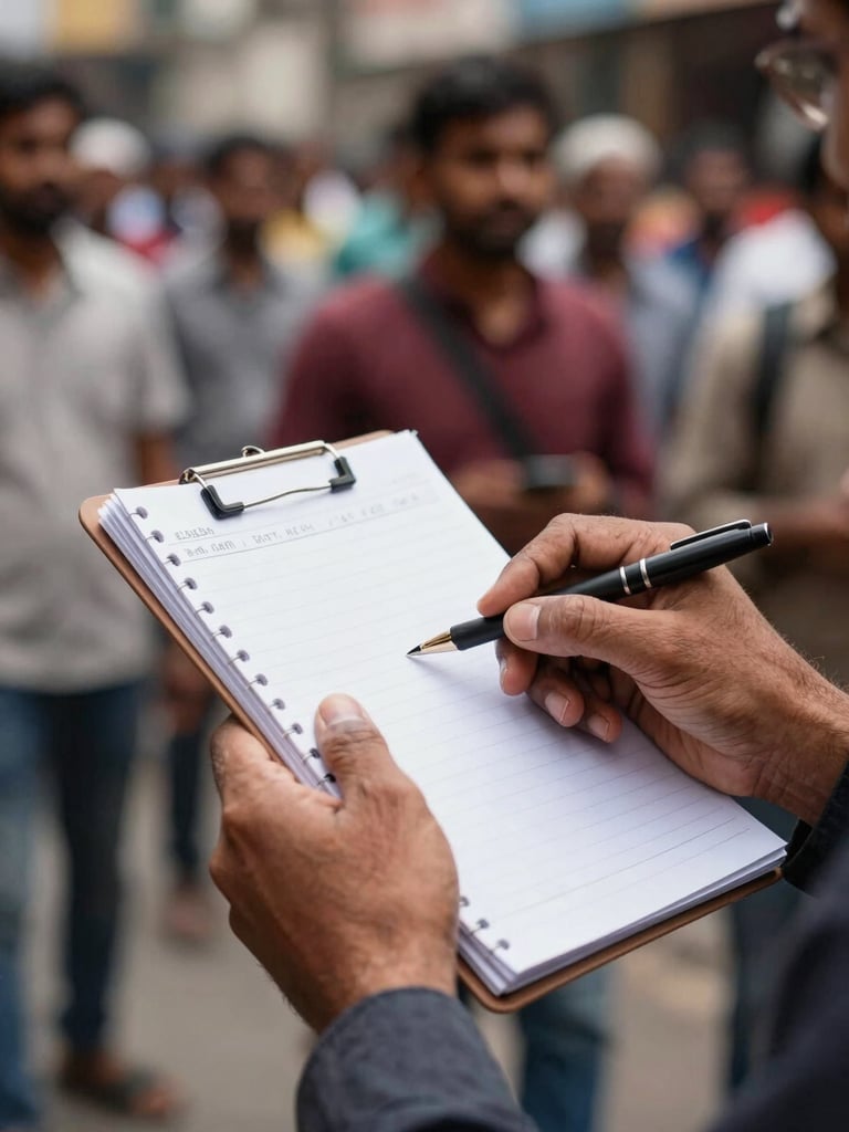 Close-up of a Bengali journalist's hands holding a notepad during a street interview, natural daylight from the left, blurred crowd visible in the background, documentary style, shot for evidence not decoration