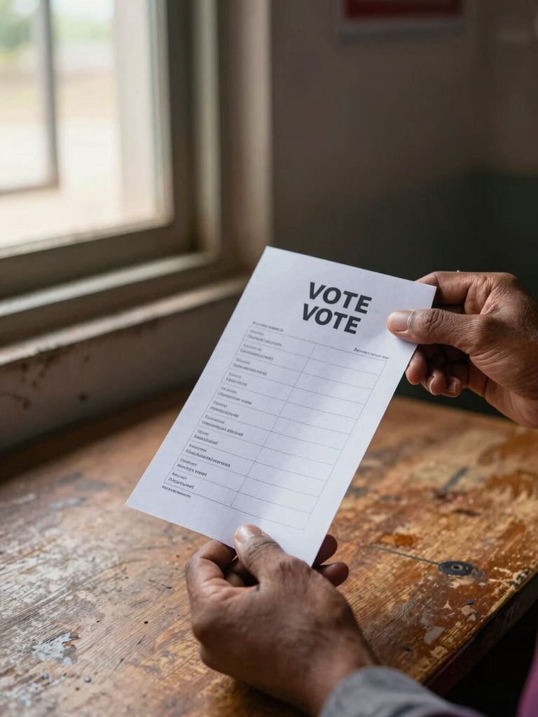 Close-up documentary photograph of a voter's hands holding a ballot card at a polling booth in rural Bangladesh, natural window light from left, worn wooden desk surface visible, shallow depth of field on the paper