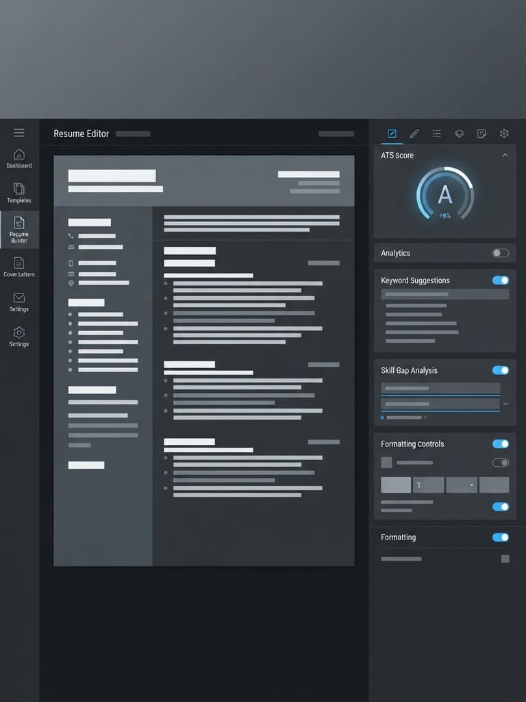 Sleek digital product illustration of a dark mode resume editor interface, showing structured slate gray panels, clean white typography blocks, and a subtle electric blue accent highlight on an ATS score indicator, 16:9 aspect ratio, high-contrast vector style.