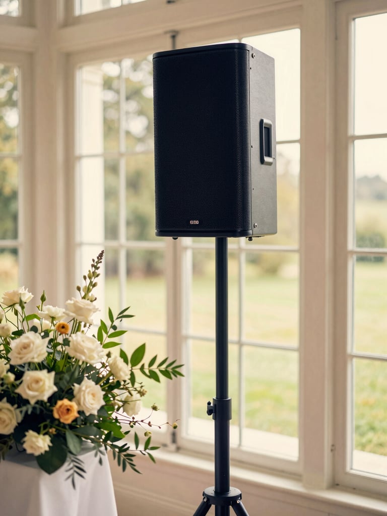 Close-up of a premium, sleek column speaker standing discreetly next to a floral arrangement in a sunlit orangery, warm editorial photography.