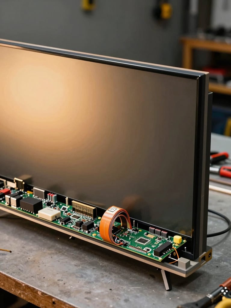 Extreme close-up from the right edge, a disassembled flat-panel television lying open on a workshop bench, ribbon cables and circuit board components clearly visible, tungsten workshop light raking across the PCB surface from the left, warm amber glow, organized tools at the far right edge of frame, wide landscape framing with the open TV filling the right two-thirds and a dark workshop wall behind