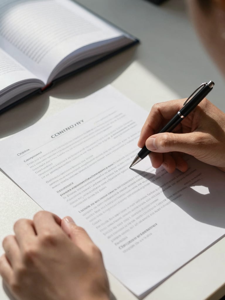 Close-up overhead view of hands reviewing a printed financial contract on a clean desk, north-facing daylight casting even shadows, pen resting beside open pages, no faces visible