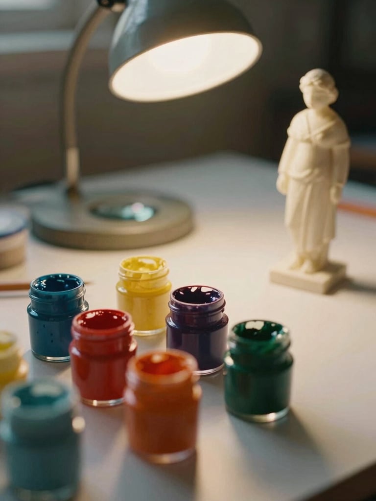 Close-up of a workspace with small paint jars, a magnifying lamp, and a half-painted resin figure, warm afternoon light, 35mm film