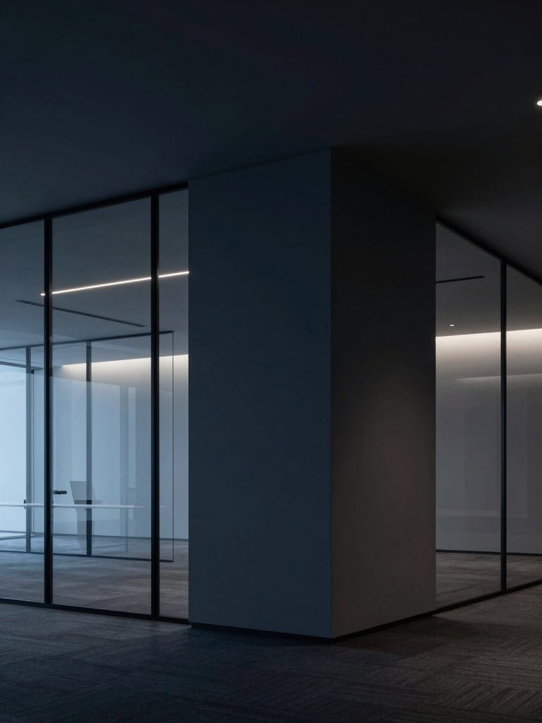 Subtle architectural detail of a modern executive office interior with clean glass partitions, low-key focused lighting, deep slate and navy tones.