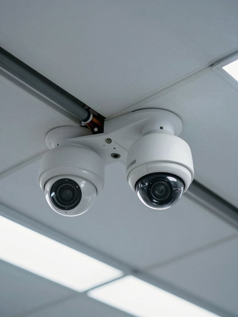 Angled overhead shot of a ceiling corner in a commercial building, two CCTV dome cameras mounted on white ceiling tiles, wiring conduit running to a junction box, cool daylight from recessed lighting, no people, technical and precise framing