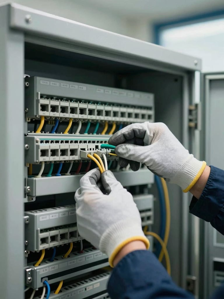 Close-up angled shot of a technician's gloved hands connecting labeled cable terminals inside an open control panel, cool daylight from a high window, tight framing showing terminal block rows and wire routing channels, no faces visible