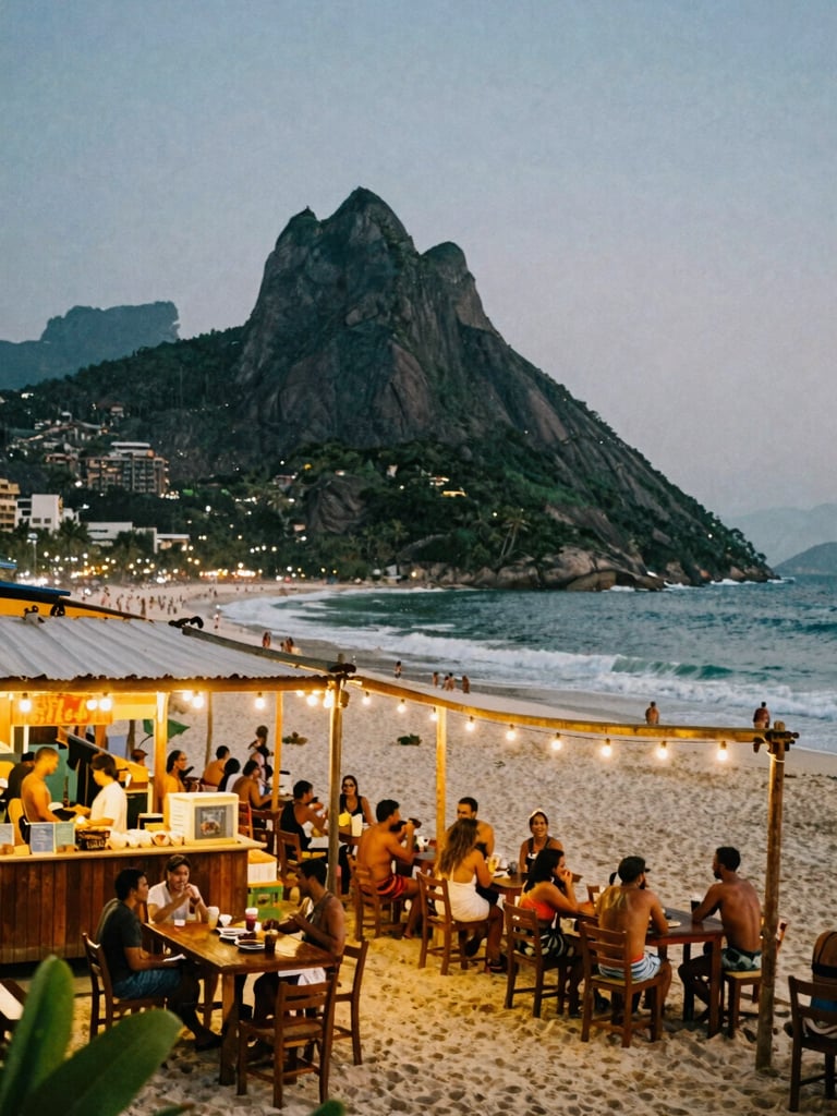 Wide-angle warm editorial photography of a beachside kiosk in Brazil at twilight, string lights glowing, people laughing around wooden tables, dark ocean in the background, 35mm film aesthetic.