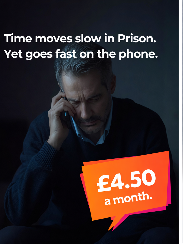 A man on a phone call with text about prison phone service costs for four pounds fifty a month.