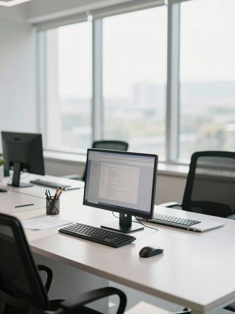 Bright modern workspace in Karachi, clean desk setup, soft natural daylight streaming through large windows, cool tones, shallow depth of field, 35mm photography.