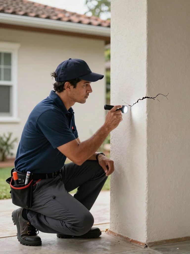 Pest control technician crouching at exterior foundation corner of a Salvador house, inspecting crack in wall with a flashlight, natural daylight, tools visible on belt