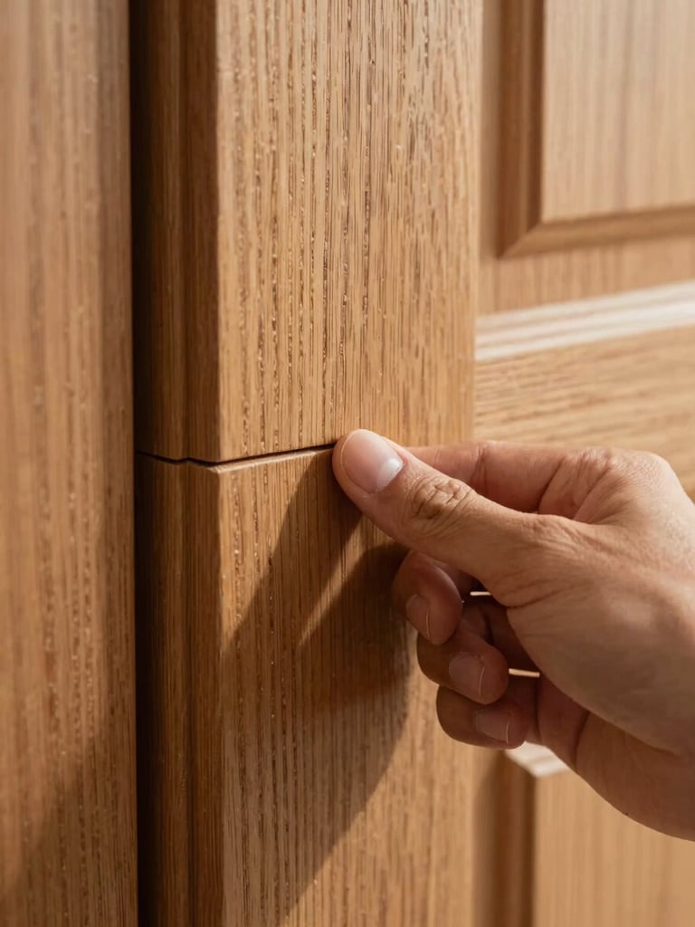 Extreme close-up of a thick solid oak door stile under raking north-light, hand-cut mortise joint visible at left edge, wood grain running diagonally across the frame, a craftsman's thumb pressing the joint flush — textured and tactile, no tools in frame except the hand