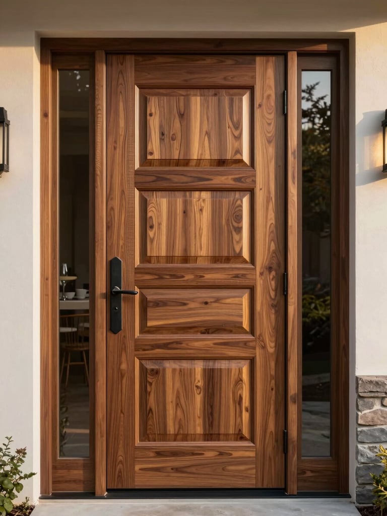 An installed exterior door in a residential entryway viewed at eye level from outside — solid walnut with visible hand-cut panel detail, golden hour side-light catching the grain texture and iron hardware
