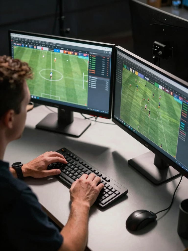 Close overhead angle of a coaching staff member at a dual-monitor station reviewing match data, hands resting on keyboard, studio broadcast lighting overhead casting sharp shadows across the desk surface, dark background, player performance metrics visible on screen but unreadable at this distance
