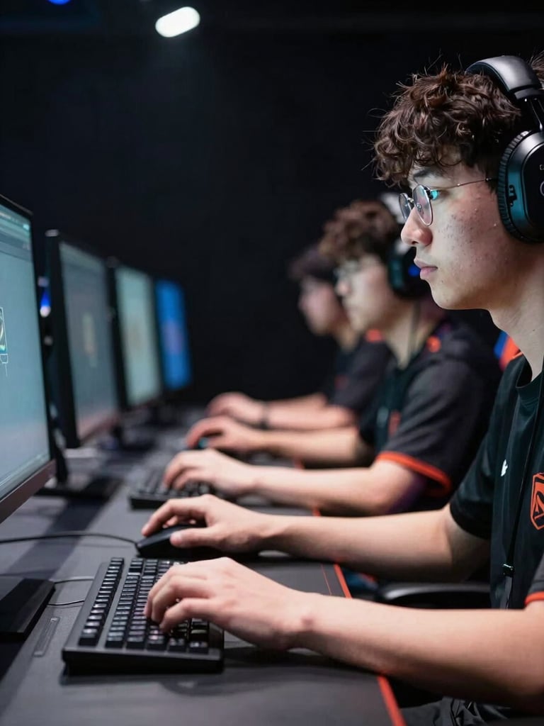 Close-up right-side frame of a competitive esports player at a high-end monitor station, hands positioned on keyboard and mouse mid-match, face partially lit by the cold blue-white glow of the screen, stadium-style overhead lighting casting sharp shadows, broadcast-quality contrast, dark background, subject occupying the right two-thirds of the frame with negative space toward the left edge