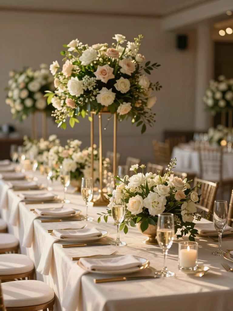 Wide environmental shot of an impeccably set wedding reception table, tall floral centerpieces with white and blush blooms, champagne flutes catching golden-hour light, ivory linens with gold flatware, room receding into soft bokeh in the background, warm studio-diffused light from the left