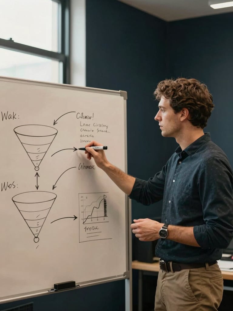 Medium-shot documentary photograph of a founder mid-explanation, standing at a whiteboard covered in hand-drawn funnel diagrams and financial flow arrows, marker in hand, warm office daylight from a side window, warm-desaturated tones, dark navy wall in background, no text visible