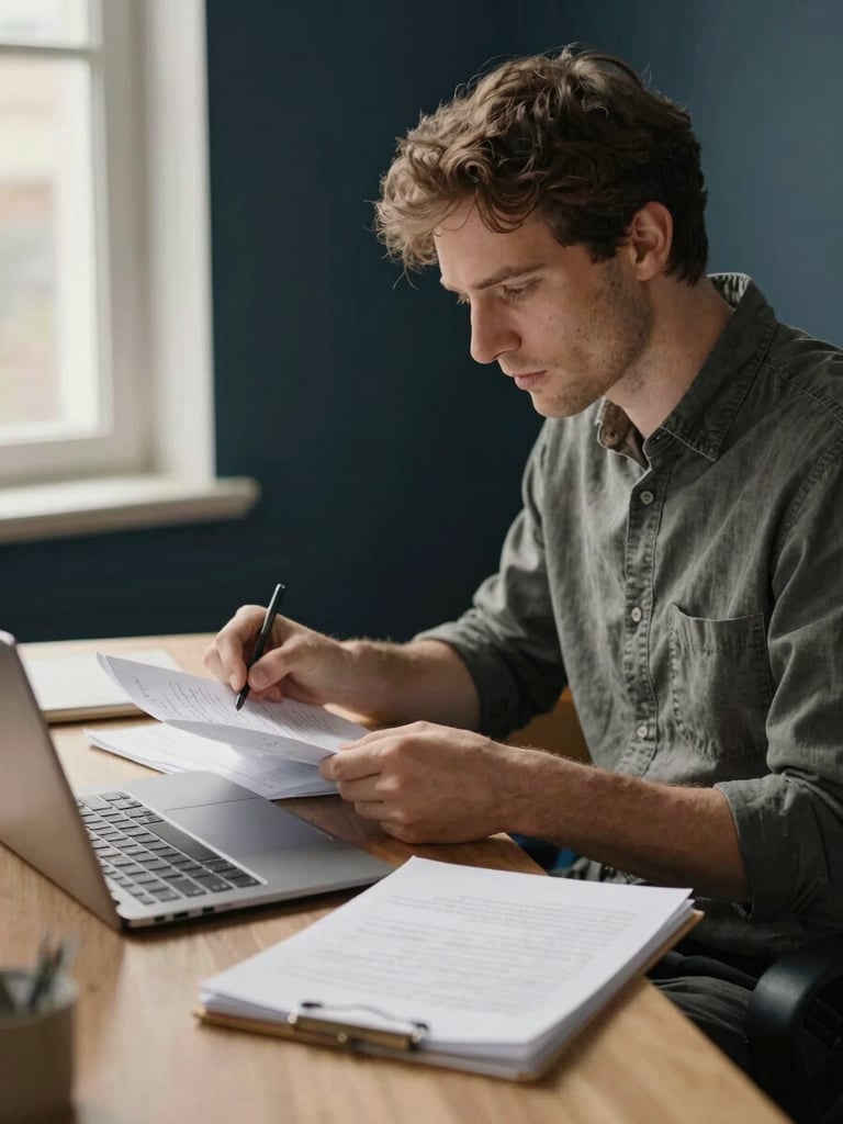 Medium-shot documentary frame, founder seated at a desk reviewing handwritten notes beside an open laptop, warm office daylight from a side window, hands visible mid-action turning a page, background a dark navy wall slightly out of focus, warm-desaturated tones