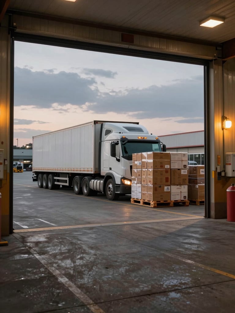 Wide panoramic view of a busy loading dock at pre-dawn, a semi-truck backed into the bay, amber dock lights casting hard shadows on concrete, pallets of boxed cargo stacked mid-transfer, overcast sky visible through the open bay door, documentary framing at ground level
