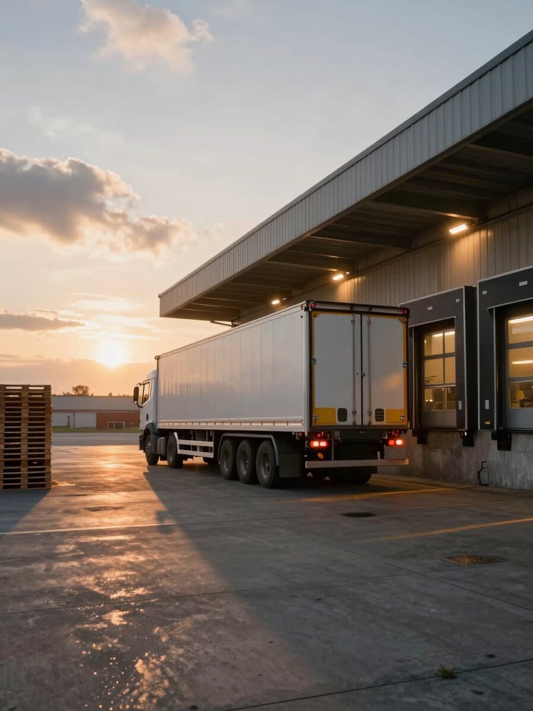 Wide environmental view of an industrial loading dock before sunrise, a single cargo truck backed against the bay, amber dock lights casting long shadows across concrete, overcast sky visible through open bay doors, pallets stacked to the left frame