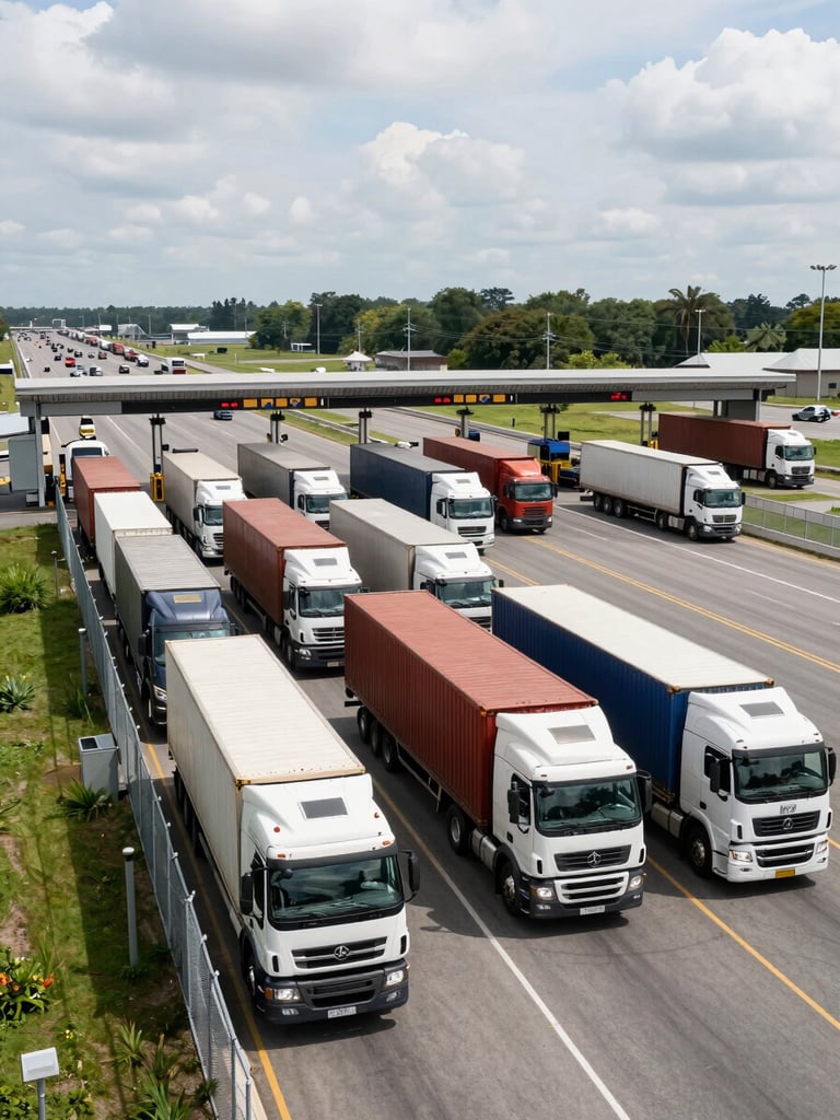 Overhead view of a busy border crossing freight lane at midday overcast, a line of semi-trucks waiting at customs inspection booths, chain-link fencing along the perimeter, documentary wide-angle framing showing the scale of cross-border freight flow