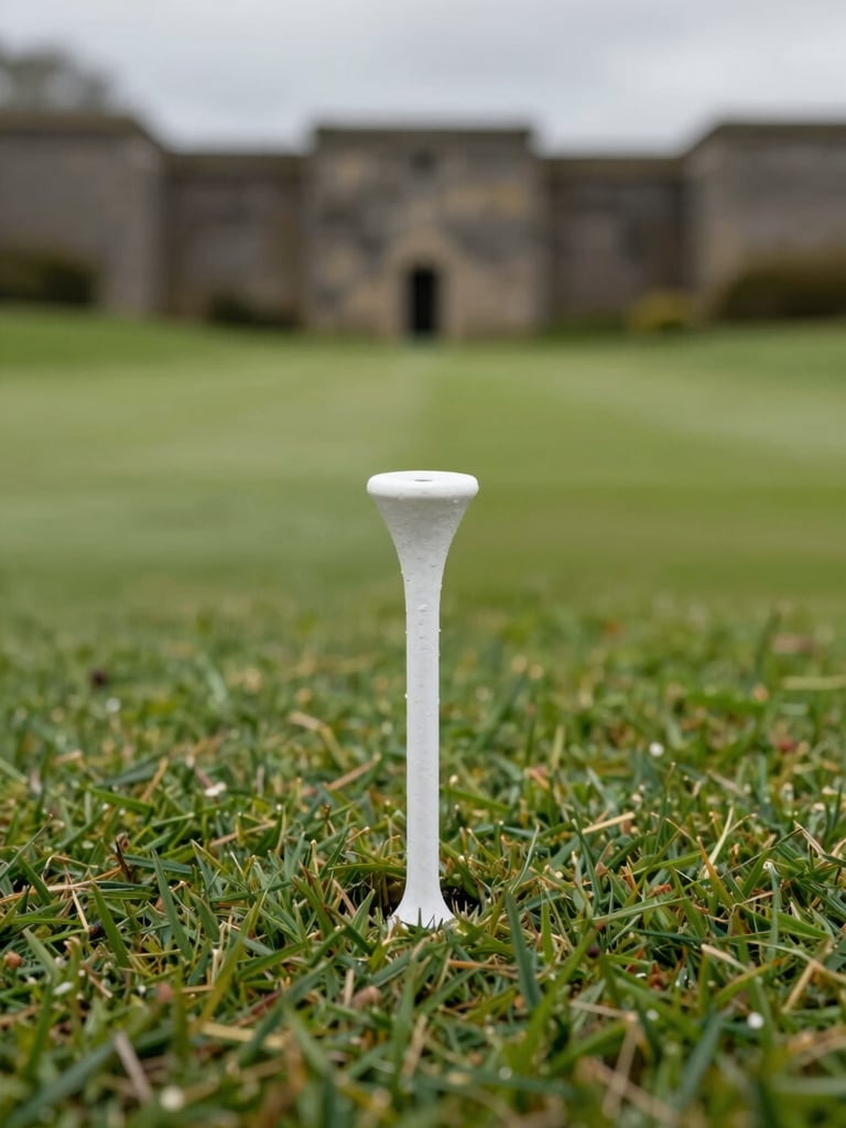 Close-up of a golf tee marker on a Canterbury course fairway, native rough visible at the edges, overcast natural light, stone gorge wall softly out of focus in the background