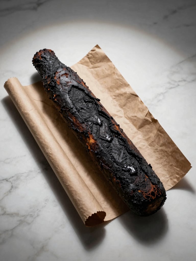 Overhead flat-lay on white marble: a finished gigot bitume with its dark scorched exterior, the kraft paper partially unwrapped at one end revealing charred surface, harsh studio strobe light from above, deep shadow contrast, no garnish, purely documentary